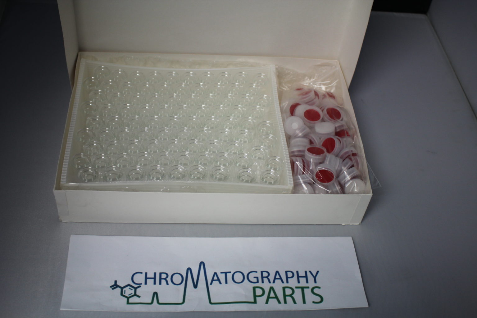 Agilent Vial Kit, Snap Caps w/Septa 20x38mm clear 100 pk (PN 80100416)